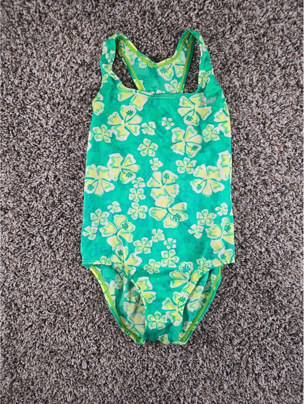 Speedo Girls Sz 12 One Piece Swimsuit Green Yellow Floral Print Racerback